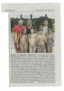 Hegaukurier v.26.07.2017 - Auch in diesem Sommer Unterstützung für Schwimmkurs DLRG